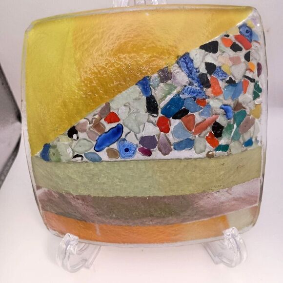 VTG Murano Italy Art Glass Plate Fused Mosaic Millefiori 5" Square Tray Sticker - Picture 5 of 6